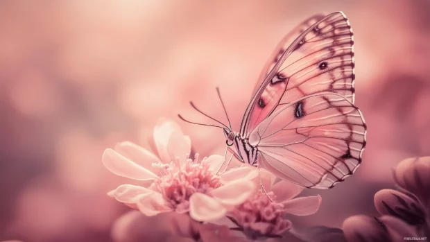 A close up of a delicate pink butterfly resting on a soft, pastel flower, with intricate wing patterns highlighted by warm, natural lighting.