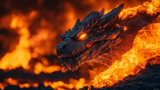 A close up of a fire dragon head, its molten eyes burning with intensity, and flames erupting from its mouth against a dark volcanic background.