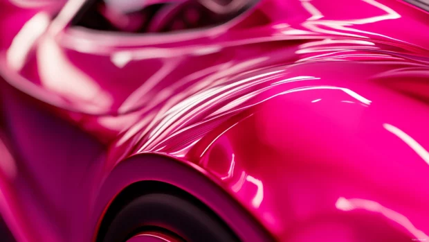 A close up of a sleek pink car with a glossy finish, its curves and details highlighted by soft ambient lighting.