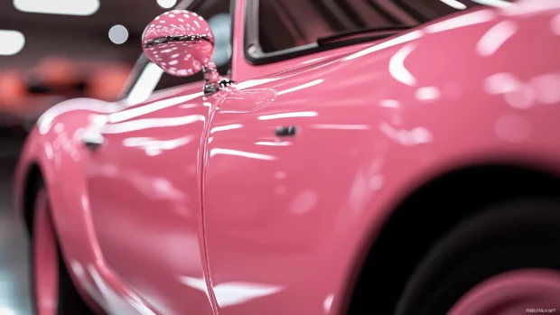 A close up of a sleek pink car with a glossy finish, its curves and details highlighted by soft ambient lighting.