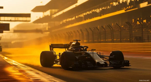 A close up of an F1 car on a racetrack.