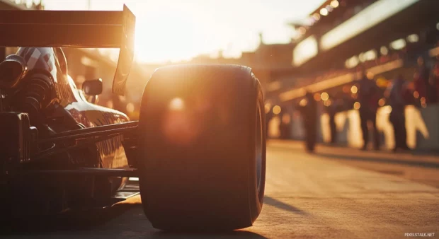 A close up of an F1 car on a racetrack with the engine glowing under the bright sun.