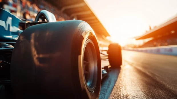 A close up of an F1 car on a racetrack with the engine glowing under the bright sun, surrounded by blurred grandstands and racing fans.