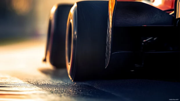 A close up of an F1 cars front wing and tires,.