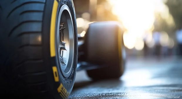 A close up of an F1 cars front wing and tires, with intense focus on the aerodynamic details and high performance tires.