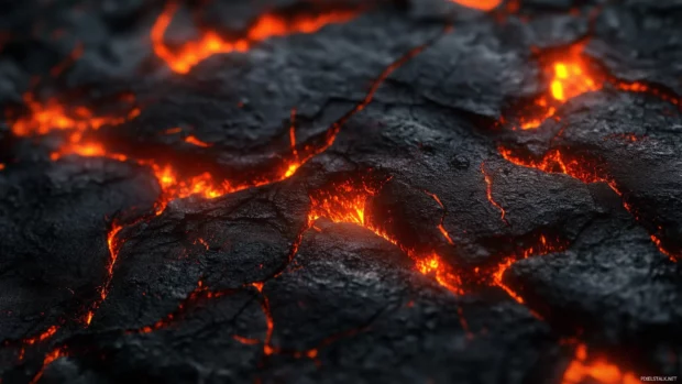 A close up of crackling red flames licking across the surface of a blackened object.