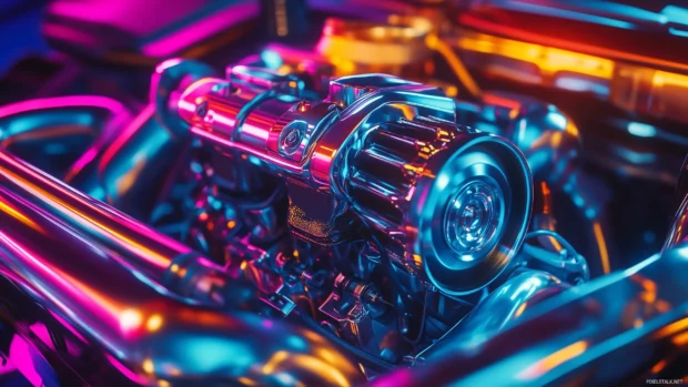 A close up shot of a detailed JDM car engine, with vibrant turbocharger and neon lighting reflecting off the polished chrome components.