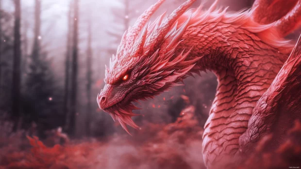 A close up shot of a vibrant red dragon 4K wallpaper with intricate scale patterns, gazing fiercely into the distance, surrounded by a misty forest.