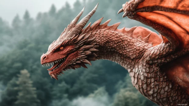 A close up shot of a vibrant red dragon HD wallpaper for desktop.