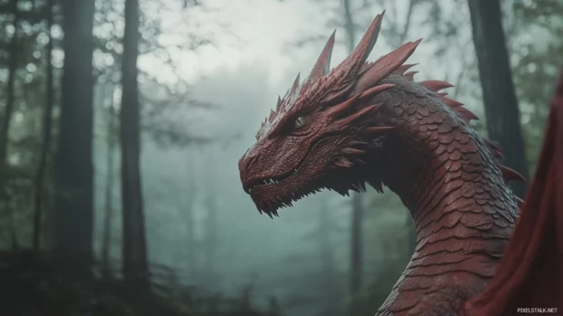 A close up shot of a vibrant red dragon with intricate scale patterns, gazing fiercely into the distance, surrounded by a misty forest.