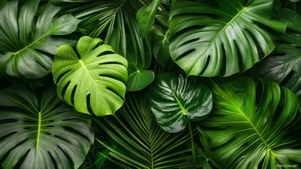 A close up view of dewy tropical palm leaves with fresh water droplets, vibrant emerald green colors.