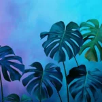 A collage of tropical leaves HD wallpaper with vibrant shades of green, teal, and blue, soft pastel gradient background, contemporary and modern tropical art style.