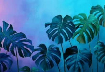 A collage of tropical leaves HD wallpaper with vibrant shades of green, teal, and blue, soft pastel gradient background, contemporary and modern tropical art style.