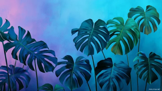 A collage of tropical leaves HD wallpaper with vibrant shades of green, teal, and blue, soft pastel gradient background, contemporary and modern tropical art style.