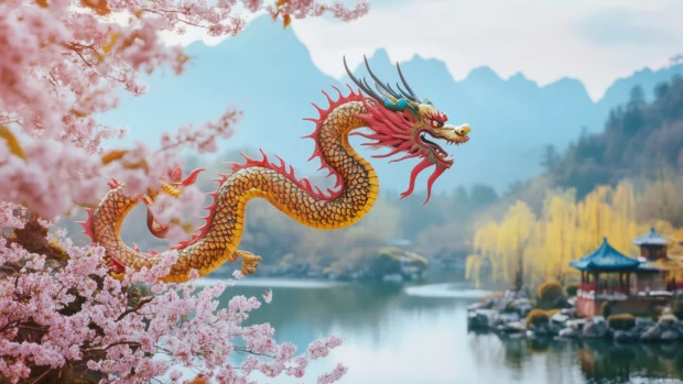 A colorful Chinese Dragon flying over a river in a traditional Chinese landscape.