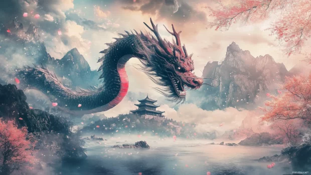 A colorful Chinese Dragon flying over a river in a traditional Chinese landscape, with mountains, cherry blossoms, and delicate brush strokes evoking the style of ancient art.