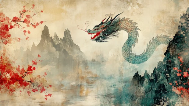 A colorful Chinese dragon flying over a river in a traditional Chinese landscape, with mountains, cherry blossoms.