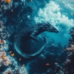 A colossal water dragon swimming gracefully through a deep, clear ocean, with schools of fish trailing behind it and coral reefs in the background.