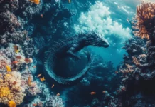 A colossal water dragon swimming gracefully through a deep, clear ocean, with schools of fish trailing behind it and coral reefs in the background.