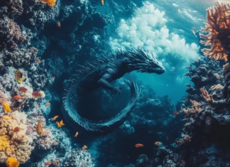 A colossal water dragon swimming gracefully through a deep, clear ocean, with schools of fish trailing behind it and coral reefs in the background.