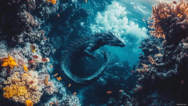 A colossal water dragon swimming gracefully through a deep, clear ocean, with schools of fish trailing behind it and coral reefs in the background.