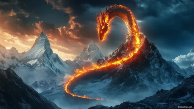 A compuer fire dragon coiling around a mountain peak, flames cascading from its body.