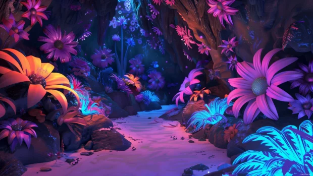 A cool 3D fantasy wallpaper with flowers of unusual shapes and vibrant, glowing colors.