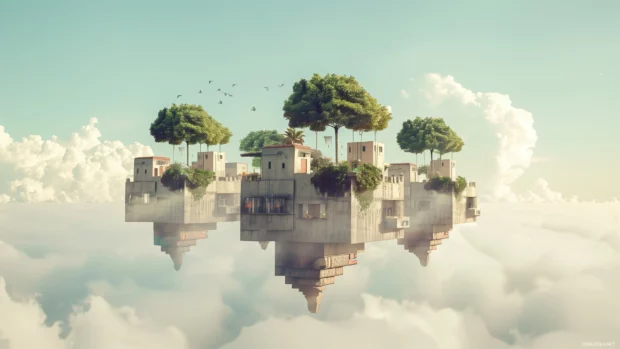 A cool abstract cityscape HD wallpaper with surreal architecture and floating islands.