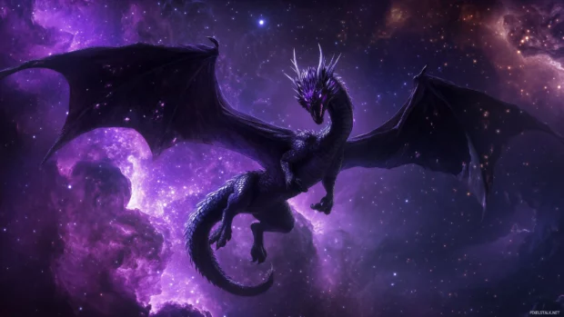 A cool and silver dragon in a cosmic setting, flying through a galaxy with swirling stars and nebulae.