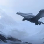 A cool black dragon soaring through the sky, its wings spread wide with icy mountains below.