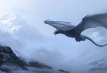 A cool black dragon soaring through the sky, its wings spread wide with icy mountains below.