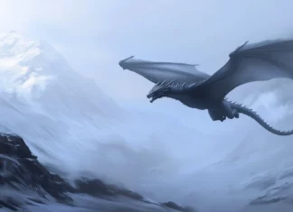 A cool black dragon soaring through the sky, its wings spread wide with icy mountains below.