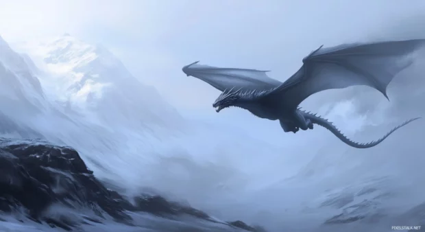 A cool black dragon soaring through the sky, its wings spread wide with icy mountains below.