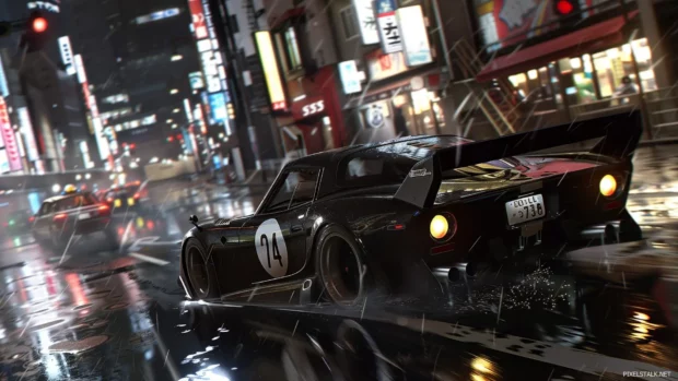 A cool car racing down a neon lit city street at night.