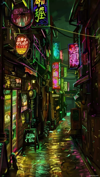 A cool cyberpunk alleyway illuminated by neon lights and digital billboards.