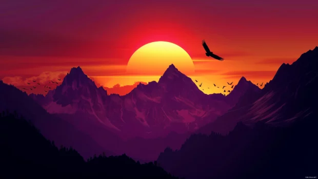 A cool dark mountain silhouette against an orange and purple sunset.