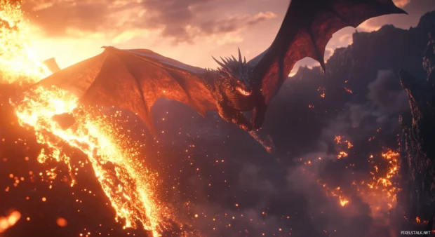 A cool dragon rising from a volcano, with magma flowing down the mountainside and the sky filled with ash and embers.