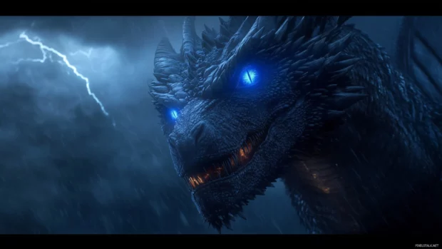 A cool dragon with glowing blue eyes and intricate scales, breathing fire against a dark stormy sky, lightning flashing in the background.