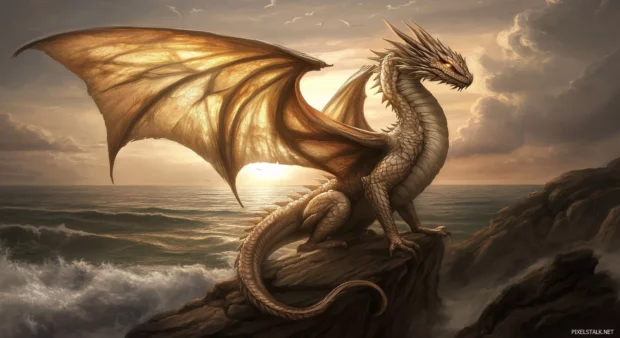 A cool dragon with iridescent scales perched on a cliffside, the ocean waves crashing below, the setting sun casting a golden glow over its majestic wings.