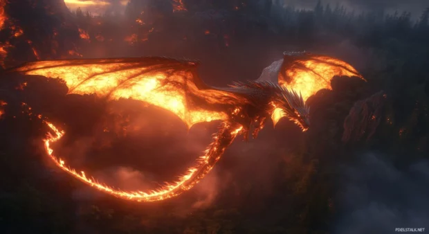 A cool fire dragon soaring through a smoky sky.