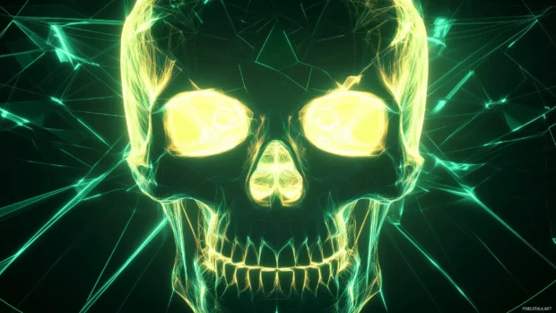 A cool neon skull HD wallpaper with electric green and yellow lights radiating from its eyes and mouth, surrounded by abstract geometric shapes.