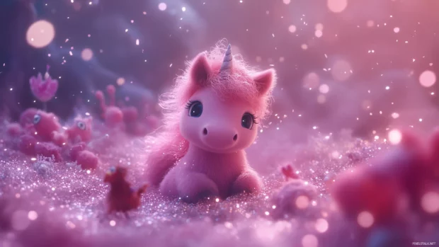 A cool pink unicorn surrounded by magical sparkles and whimsical creatures in a fantastical setting.