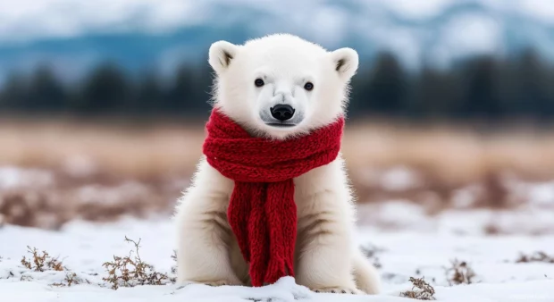 A cool polar bear cub with a red scarf, sitting in a snowy landscape.