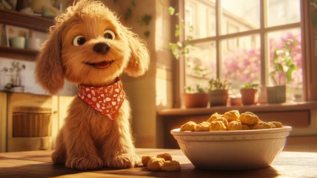 A cool puppy wearing a tiny bandana, sitting next to a bowl of treats, with a warm home environment in the background.