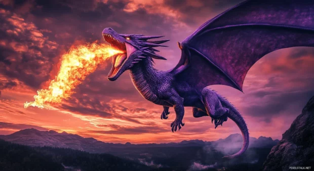 A cool purple dragon breathing fire in a dramatic landscape filled with dark mountains and a vibrant sunset.