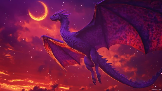 A cool purple dragon soaring through a twilight sky, with shimmering stars and a crescent moon in the background.