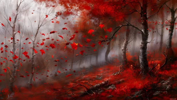 A cool red autumn forest HD wallpaper with leaves falling against a misty background.