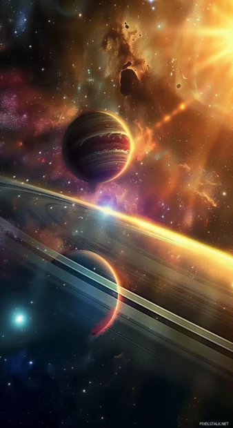 A cool space HD wallpaper featuring colorful planets and distant stars in the galaxy.