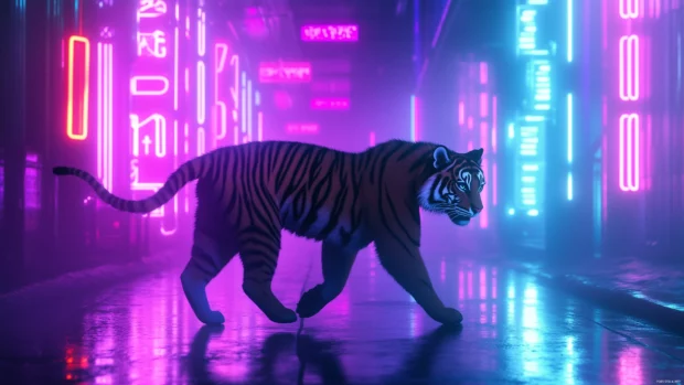 A cool tiger silhouette walking through a futuristic neon lit alley, glowing purple, blue, and pink neon signs.