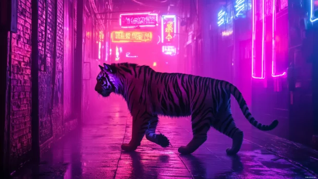 A cool tiger silhouette walking through a futuristic neon lit alley, glowing purple, blue, and pink neon signs.